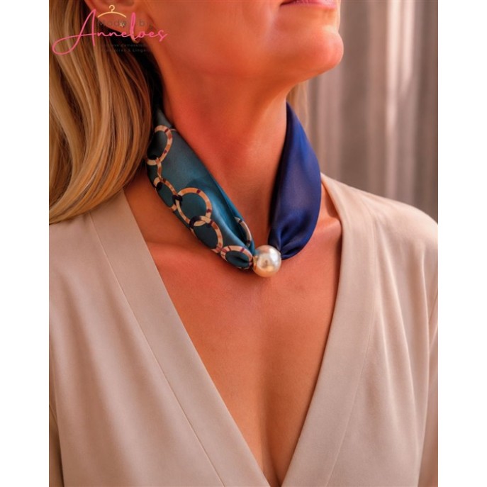 Dames Halssjaal Blauwe cirkels print korte sjaal met parel 543 Dames Halssjaal Blauwe cirkels print korte sjaal met parel 543
